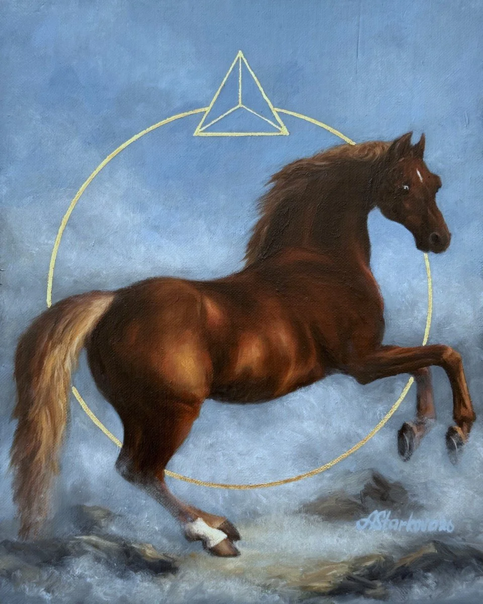 A painting of a brown horse with a flowing tail, standing on a rocky foggy ground, with a blue background featuring a geometric design of a triangle, symbol of fire, and a circle outlined in gold.