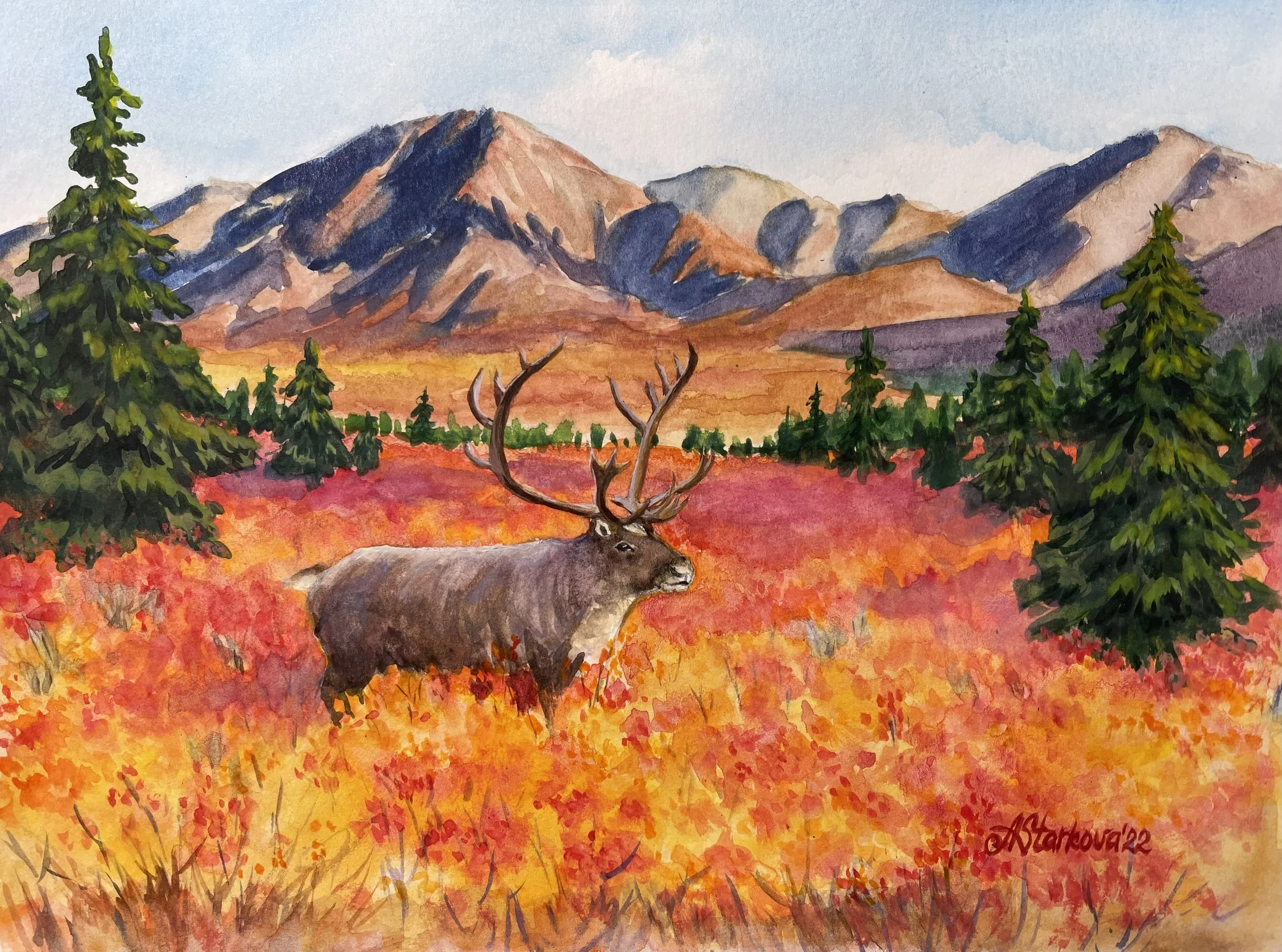 A watercolor painting of a mountain landscape with pine trees, a moose in the foreground, and autumn-colored foliage.