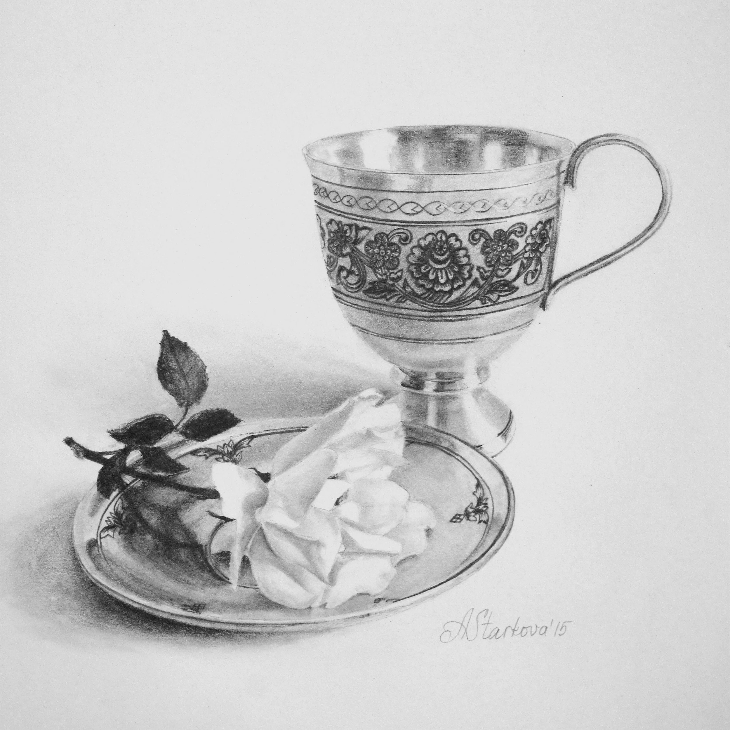 A detailed black and white sketch of a decorative, ornate cup or goblet with floral patterns and intricate designs, placed on a round saucer with a rose on it.