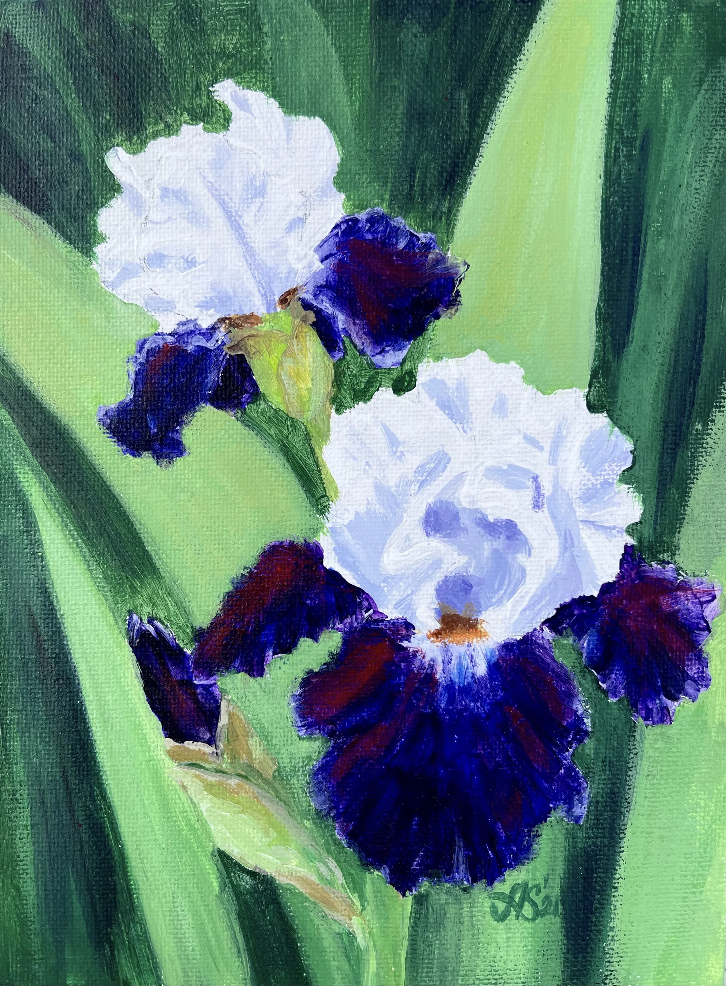 A vibrant impressionist painting of an iris flower with purple petals and green foliage.