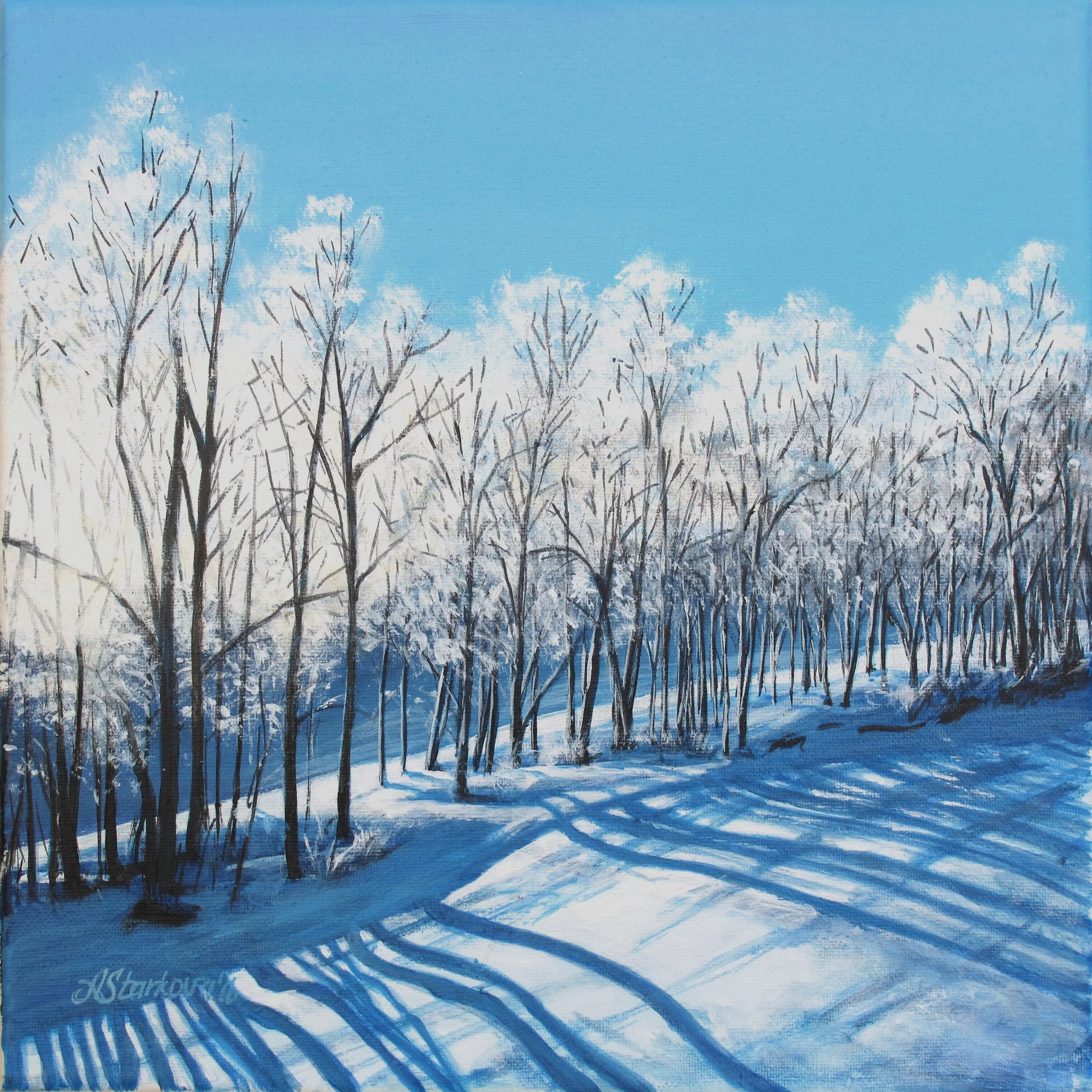 A winter landscape painting depicts leafless trees with icy branches sparking in the sunlight and snow on the trail.