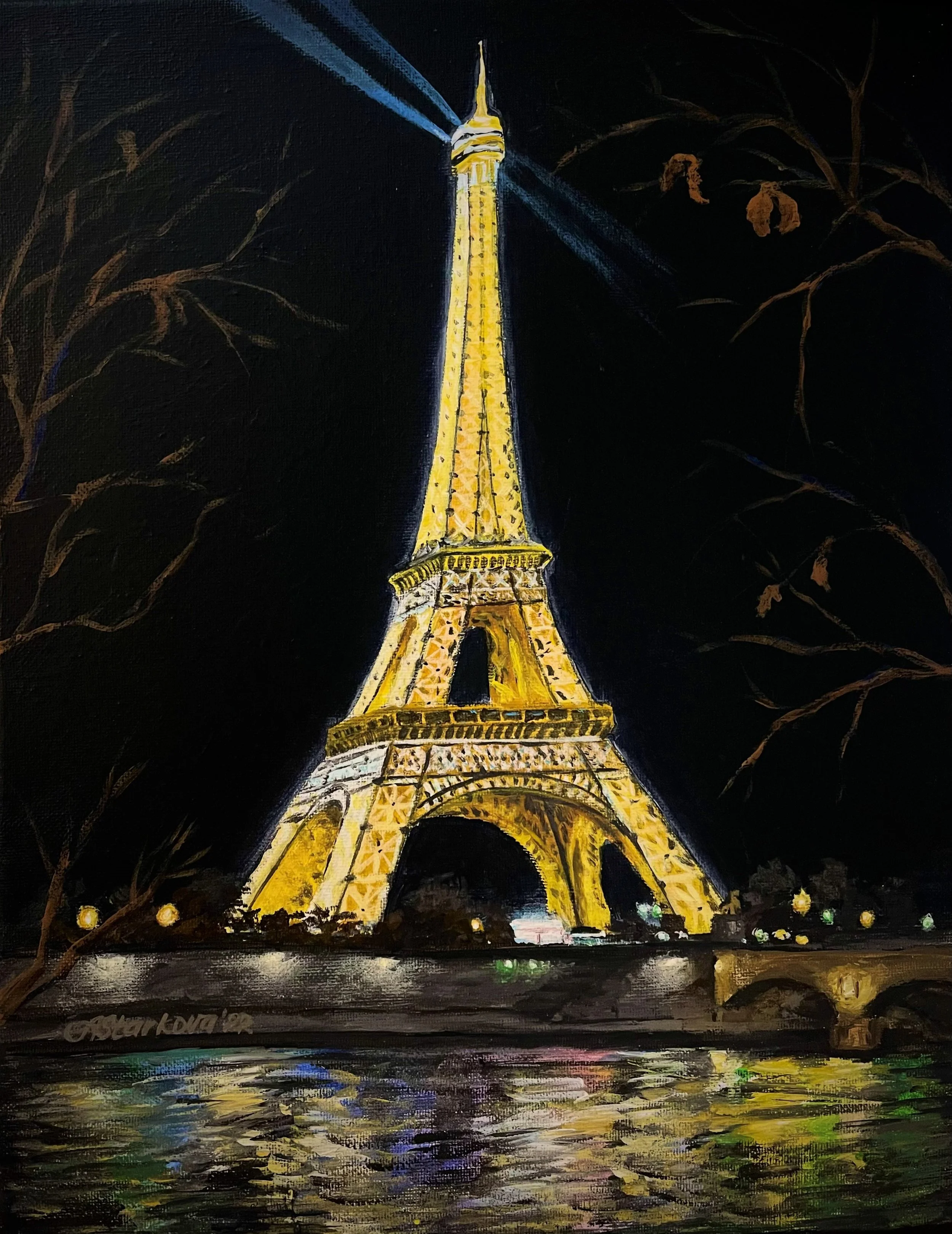 Painting of the Eiffel Tower in Paris at night illuminated with yellow lights, with dark trees on both sides and reflections on water at the bottom.