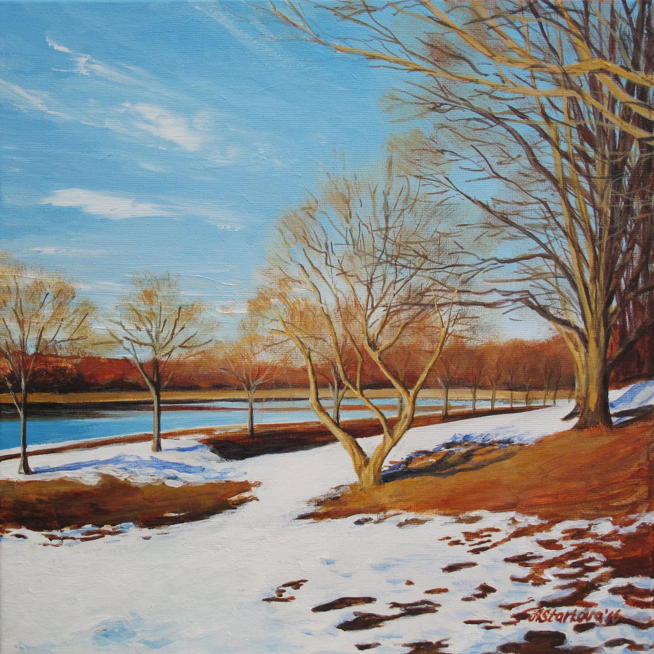 A painting of a spring landscape with a blue sky, sparse clouds, and leafless trees in the foreground. The colors are warm, with shades of orange, brown, and hints of blue and white in the snow on the ground.