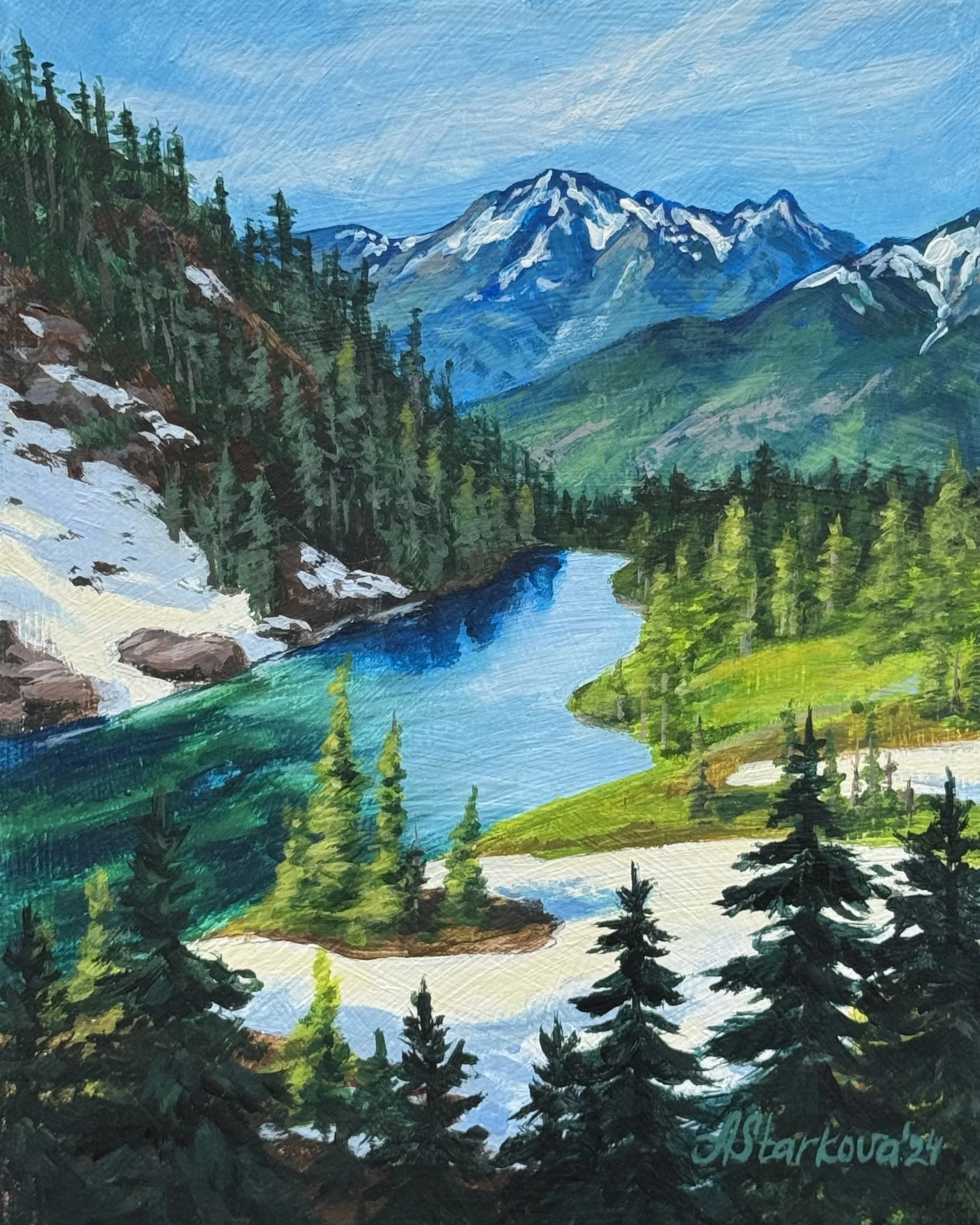Painting of a mountain landscape featuring snow-capped peaks, a clear blue river, green foliage, and tall pine trees. Glacier National Park