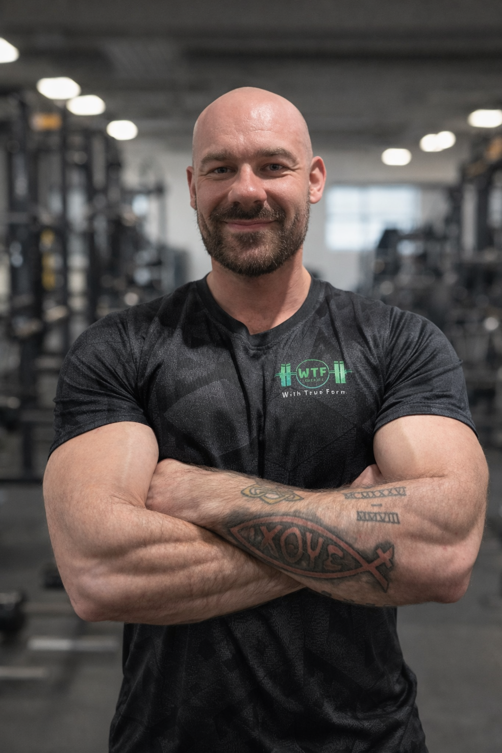 A muscular man with a shaved head and beard in a gym, smiling and crossing his arms - this is the WTF coach, Liam.