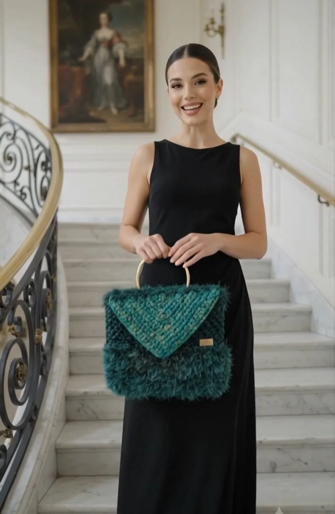 A young woman in a black sleeveless dress holding a multicolored furry handbag standing on a marble staircase inside a elegant building with ornate railings and a large portrait painting in the background.