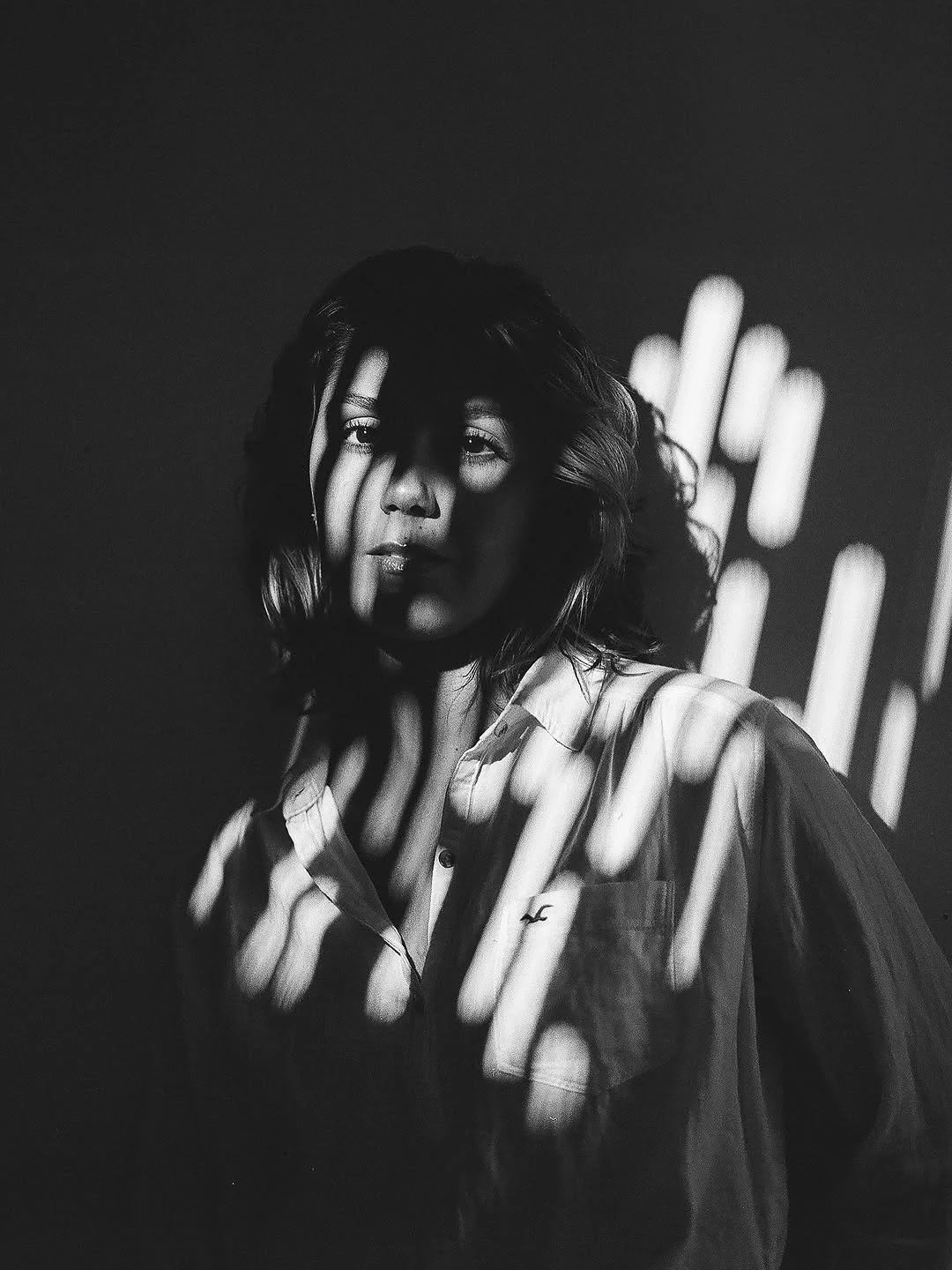 Black and white portrait of a woman with shoulder-length hair, partially hidden by shadows and banded light effects, wearing a button-down shirt.
