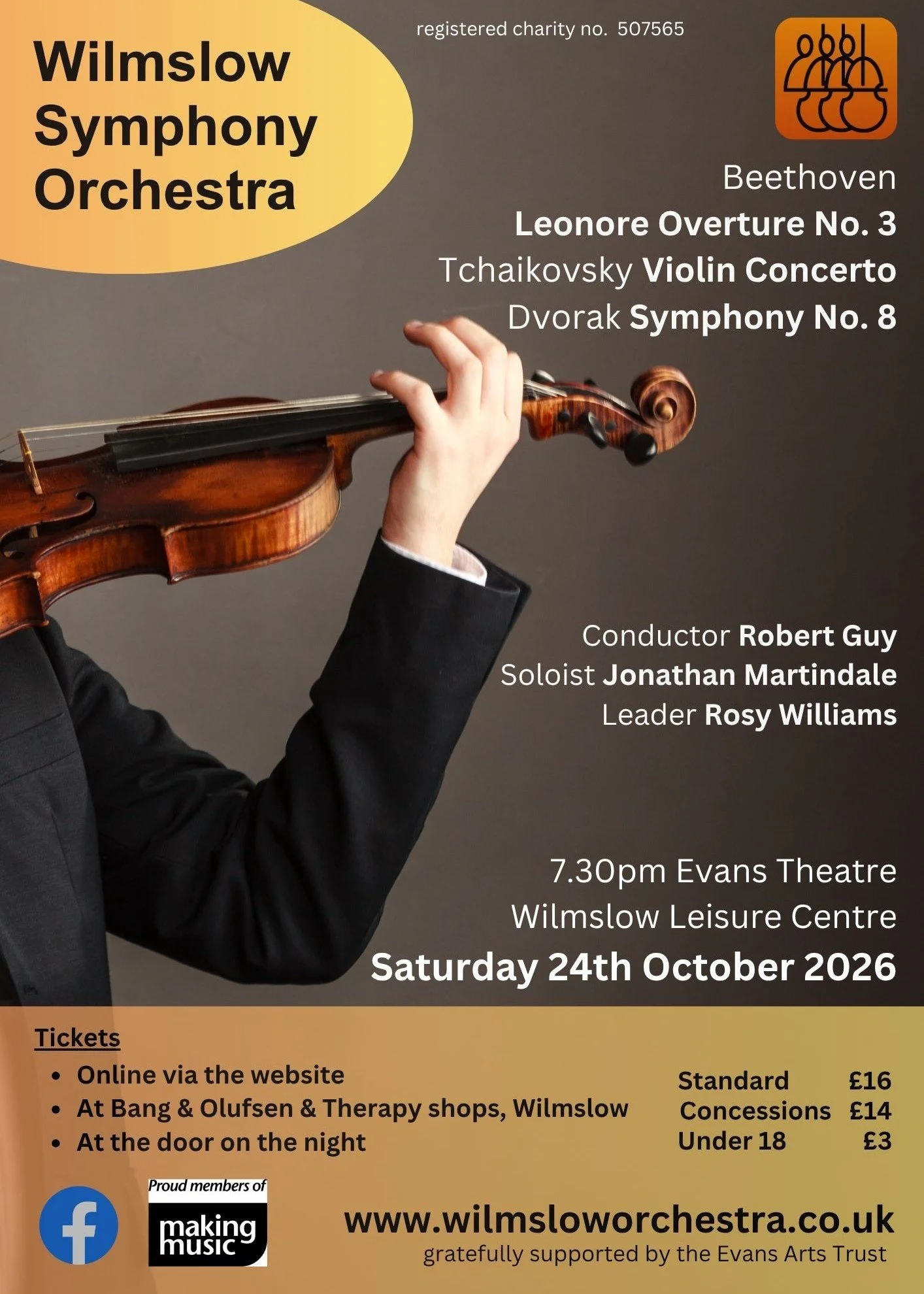 Concert flyer for Wilmslow Symphony Orchestra featuring a person playing the violin, with details of a performance on Saturday, October 24, 2026, at 7:30 pm at the Evans Theatre, Wilmslow Leisure Centre, including program pieces by Beethoven, Tchaikovsky, and Dvorak, with ticket prices and purchasing options.