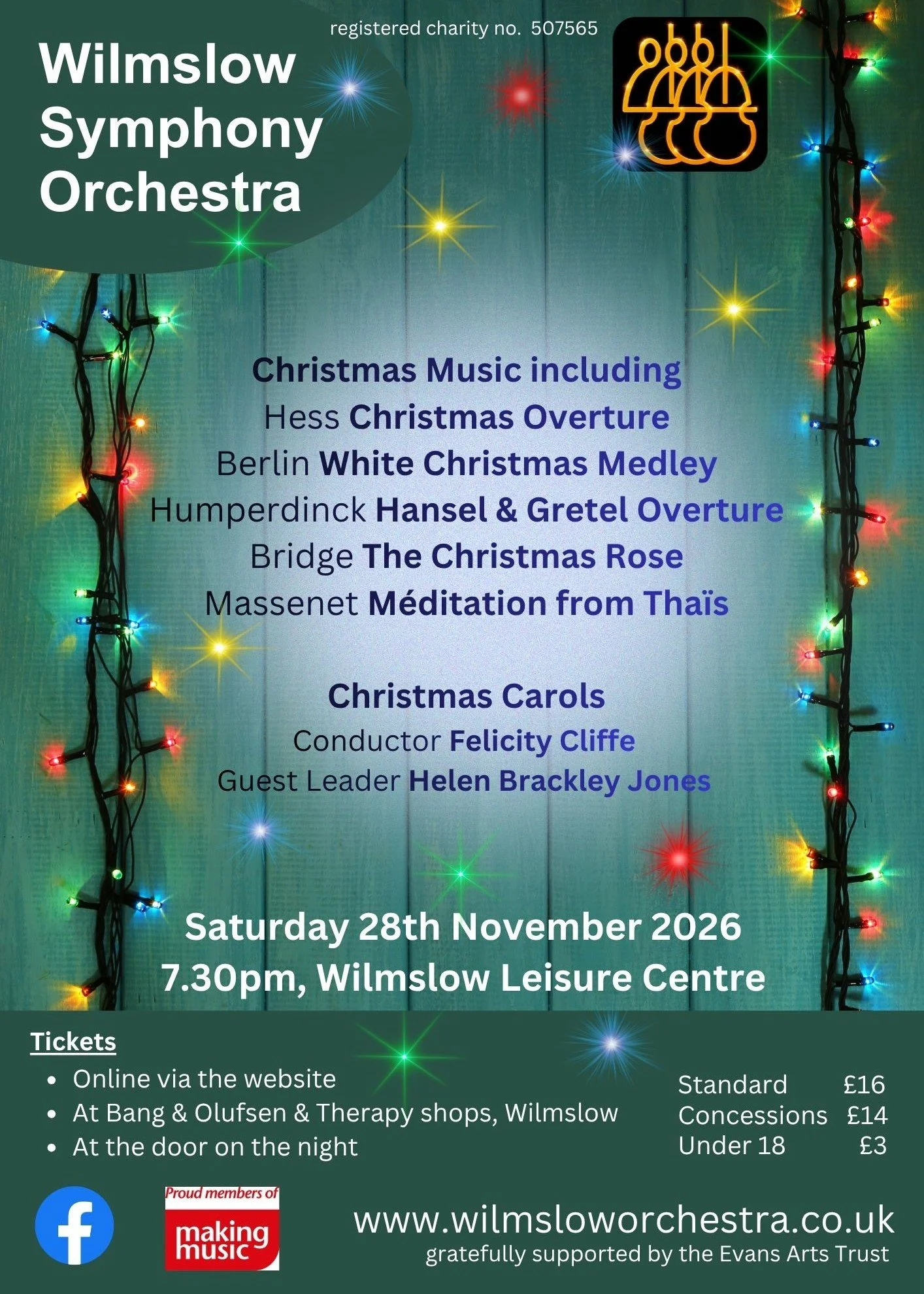 A Christmas-themed flyer for a Wilmslow Symphony Orchestra concert, decorated with multicolored string lights, listing the event date as Saturday, November 28, 2026, at 7:30 pm at Wilmslow Leisure Centre, featuring Christmas music and conductors, with ticket prices and purchasing options.
