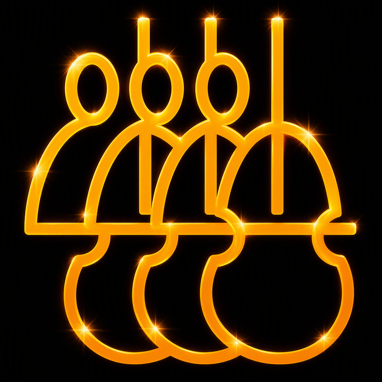 Neon yellow light outline of a group of five people with a hard hat, all connected, set against a black background.