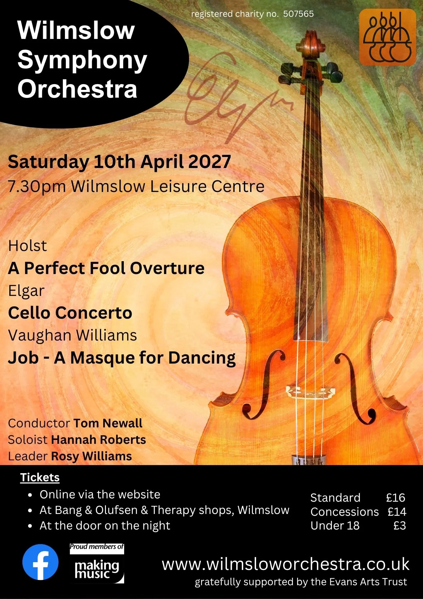 Posters for a Wilmslow Symphony Orchestra concert on Saturday, April 10th, 2027, at 7:30 pm at Wilmslow Leisure Centre featuring Holst's 'A Perfect Fool Overture' and Elgar's 'Cello Concerto' with conductor Tom Newall, soloist Hannah Roberts, and leader Rosy Williams. The poster includes ticket information, a background image of a violin, and logos for Facebook and Making Music.