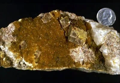 Chabazite and Stilbite - Chabazite crystals (a zeolite) roughly 1 cm on edge highlight this view of gneissic rocks found at 45th Street and Second Avenue. Chamberlin Collection #107.