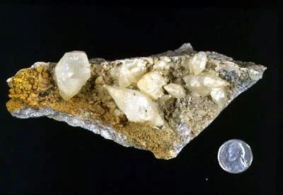 Calcite - Nicely formed scalenohedral calcite crystals here found in a small cavity in schistose marble. Specimen found near E.174th Street and G'D Blvd., The Bronx. Manchester Collection #757.