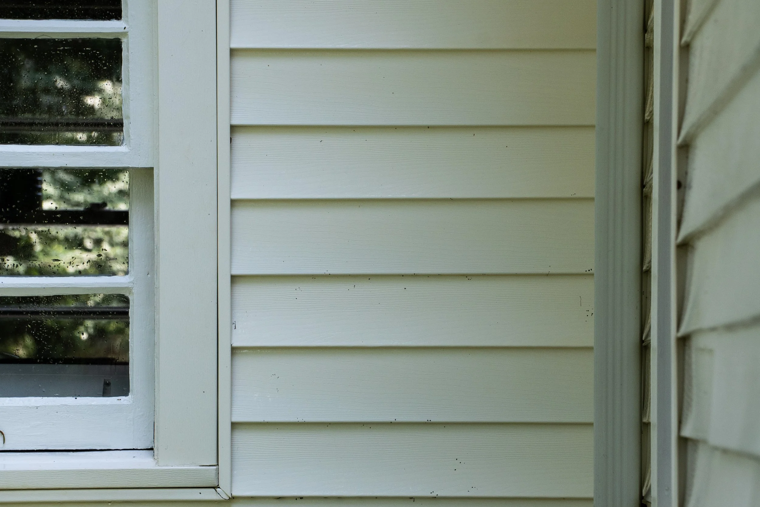 A close-up of the side of a house showing a white window with metal bars, grime on the glass, and beige siding with visible dirt and small black spots.