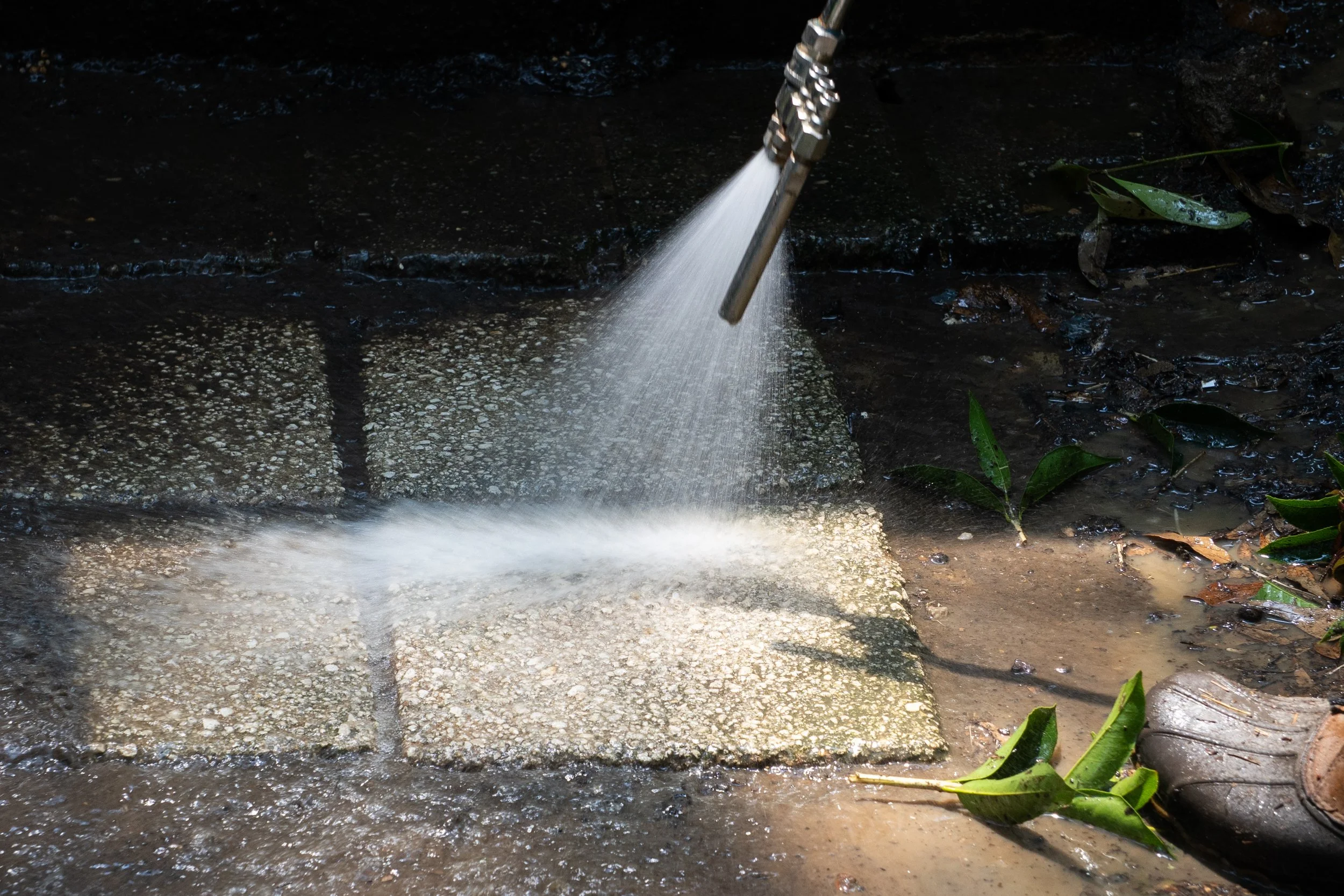 Spraying water onto a wet concrete surface near some fallen leaves and small rocks.