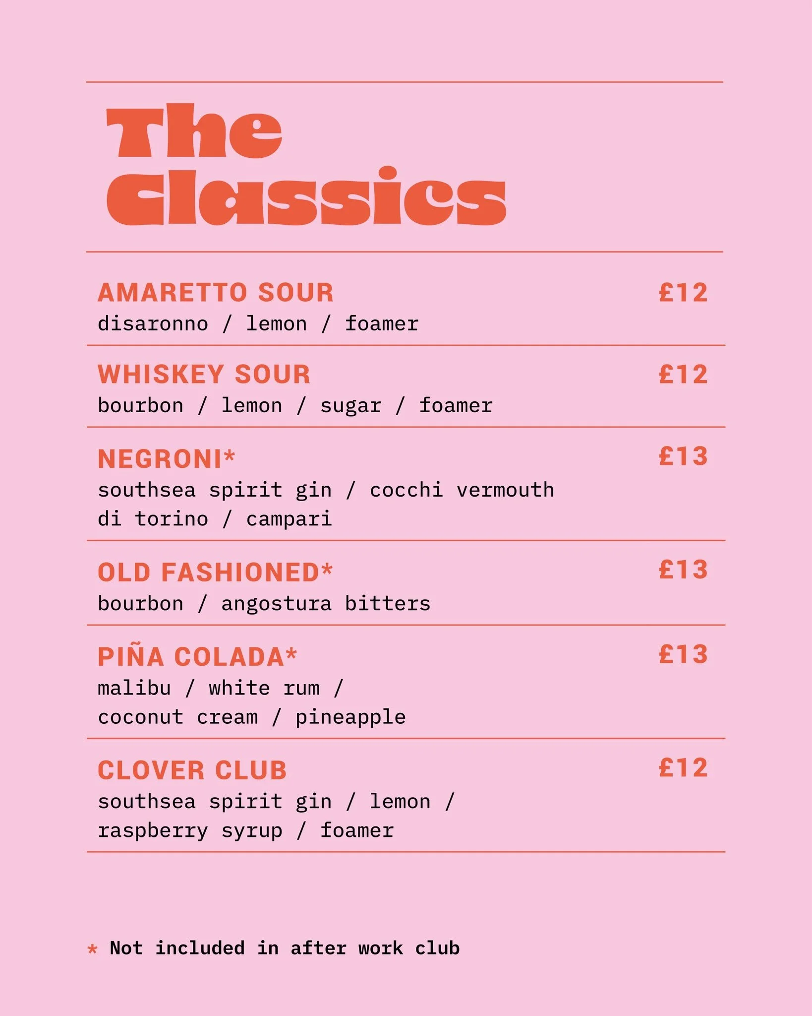 A menu featuring classic cocktails, including Amaretto Sour, Whiskey Sour, Negroni, Piña Colada, and Clover Club with ingredients and prices listed.