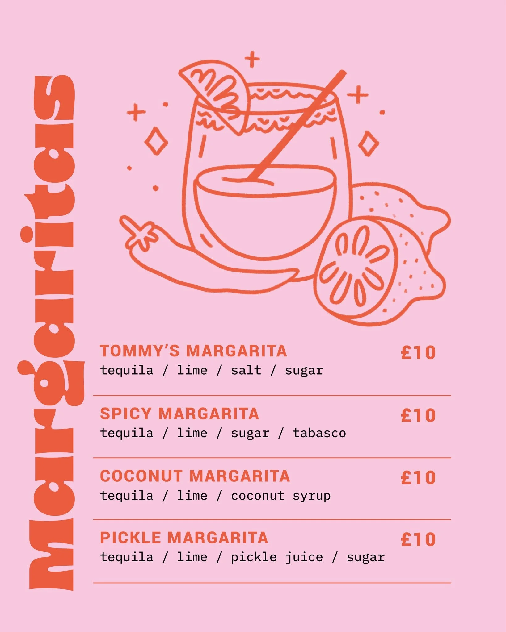A pink menu featuring margarita options with illustrations of margarita glasses with slices of lime and salted rims. The menu lists various margaritas including Tommy’s, spicy, coconut, and pickle, with ingredients such as tequila, lime, salt, sugar,