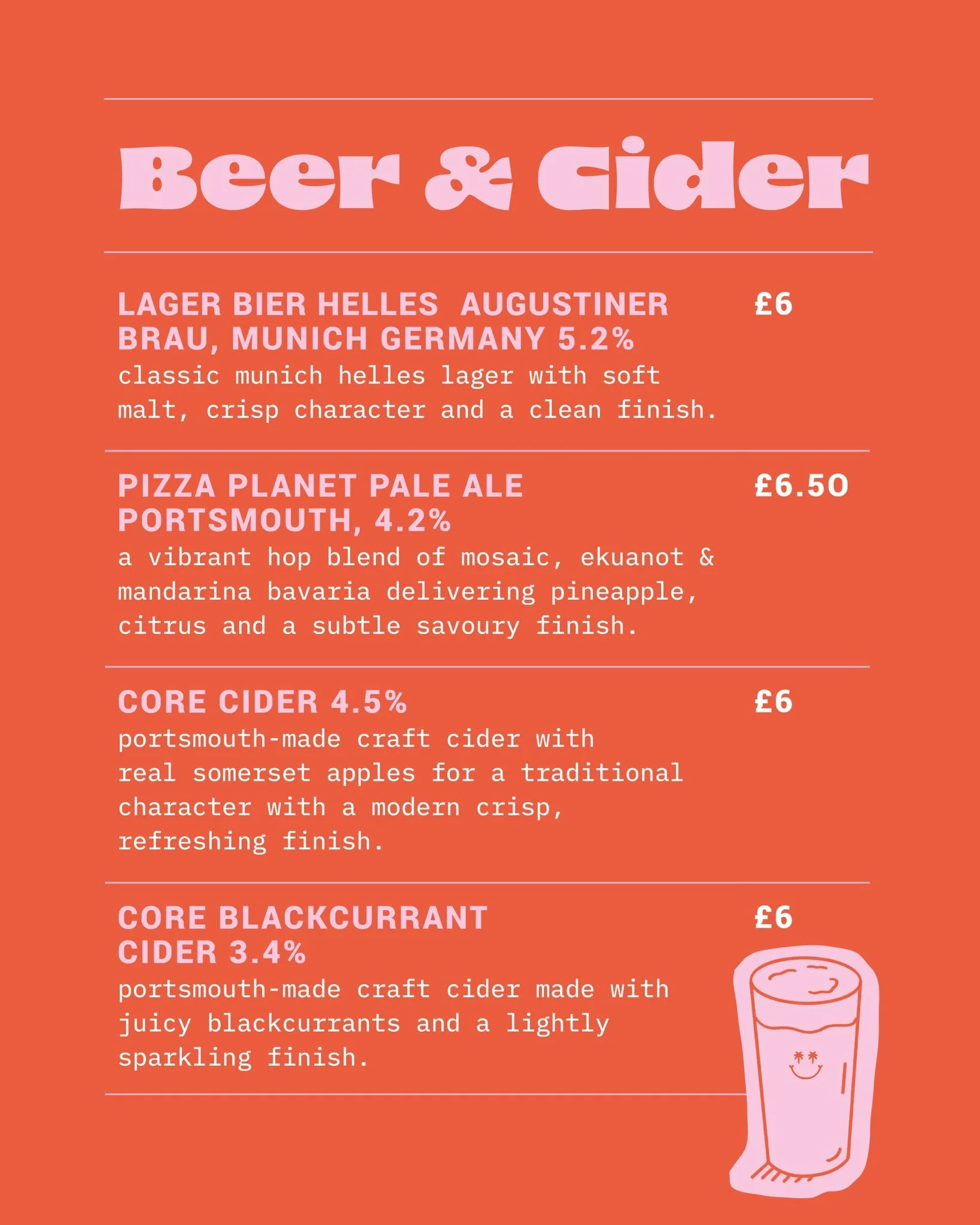 A menu displaying various beers and ciders with descriptions and prices, on an orange background, featuring text and a cartoon illustration of a smiling glass of cider.