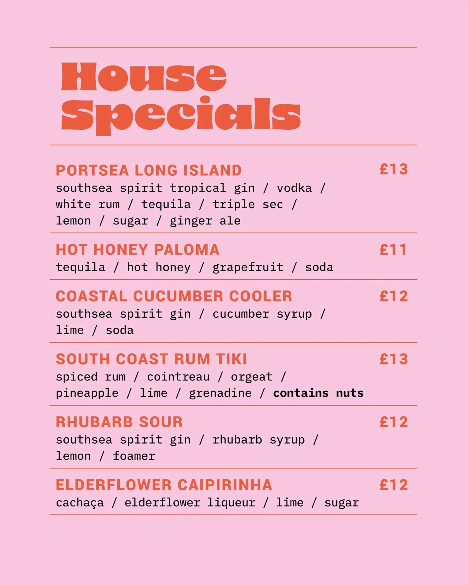 A close-up of a colorful menu with drink options, including House Specials such as Portsea Long Island, Hot Honey Paloma, Coastal Cucumber Cooler, South Coast Rum Tiki, and Elderflower Caipirinha, each with ingredients and prices.