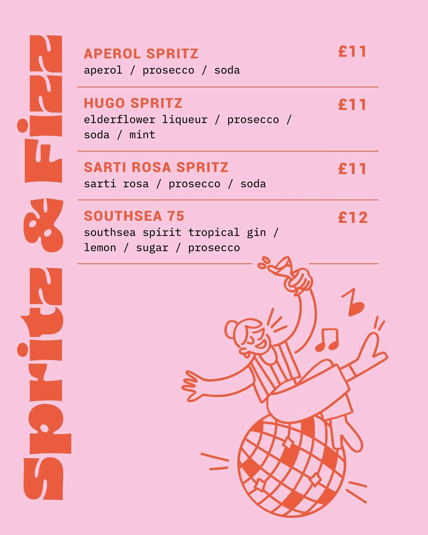 Pink menu listing cocktails with names, ingredients, prices, and a cartoon illustration of a smiling person holding a pineapple.