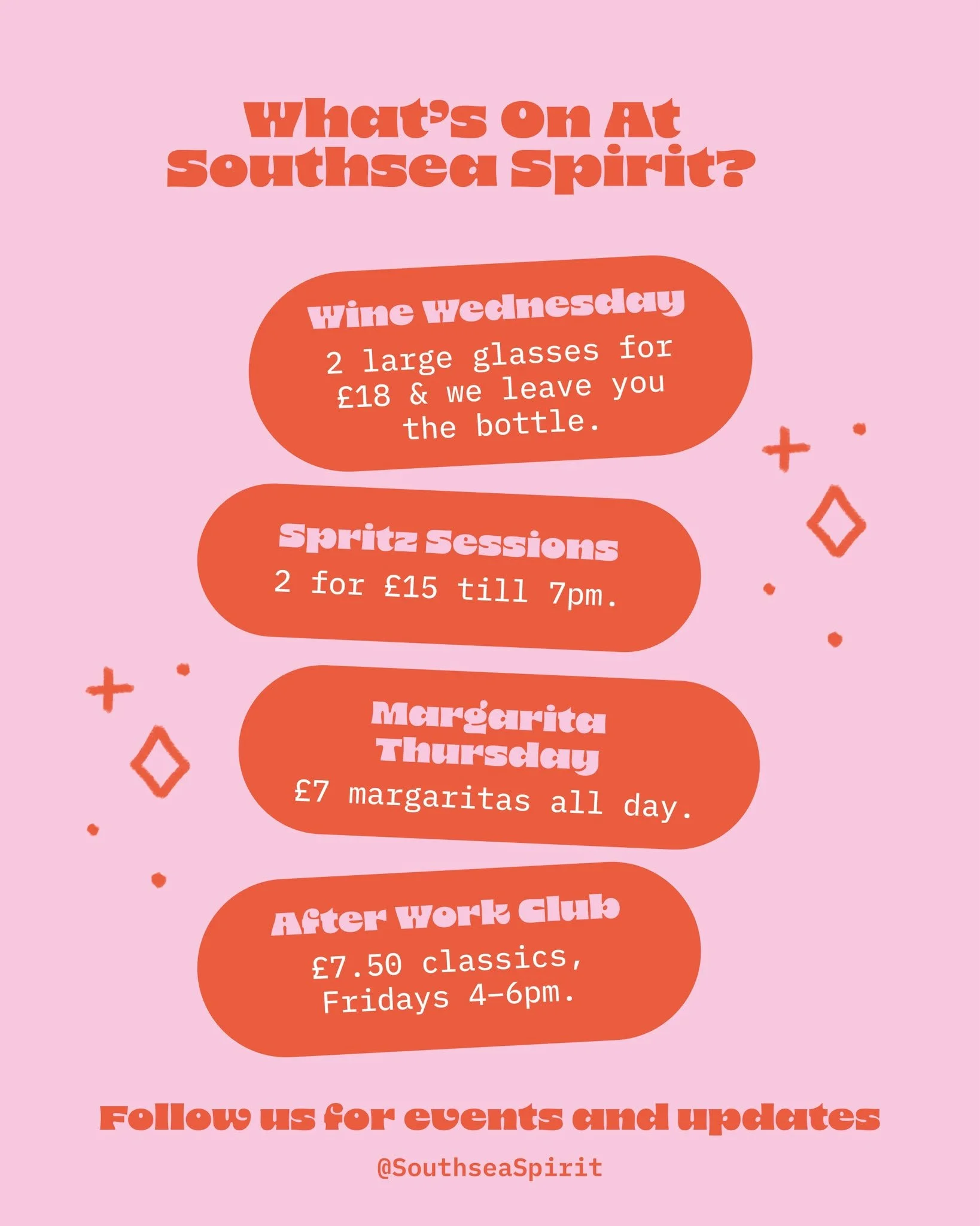 Poster with pink background announces Southsea Spirit events, including Wine Wednesday with two large glasses for £18, Spritz Sessions with two for £15, Margaritas on Thursday for £7, and After Work Club with classics for £7.50 on Fridays from 4 to 6