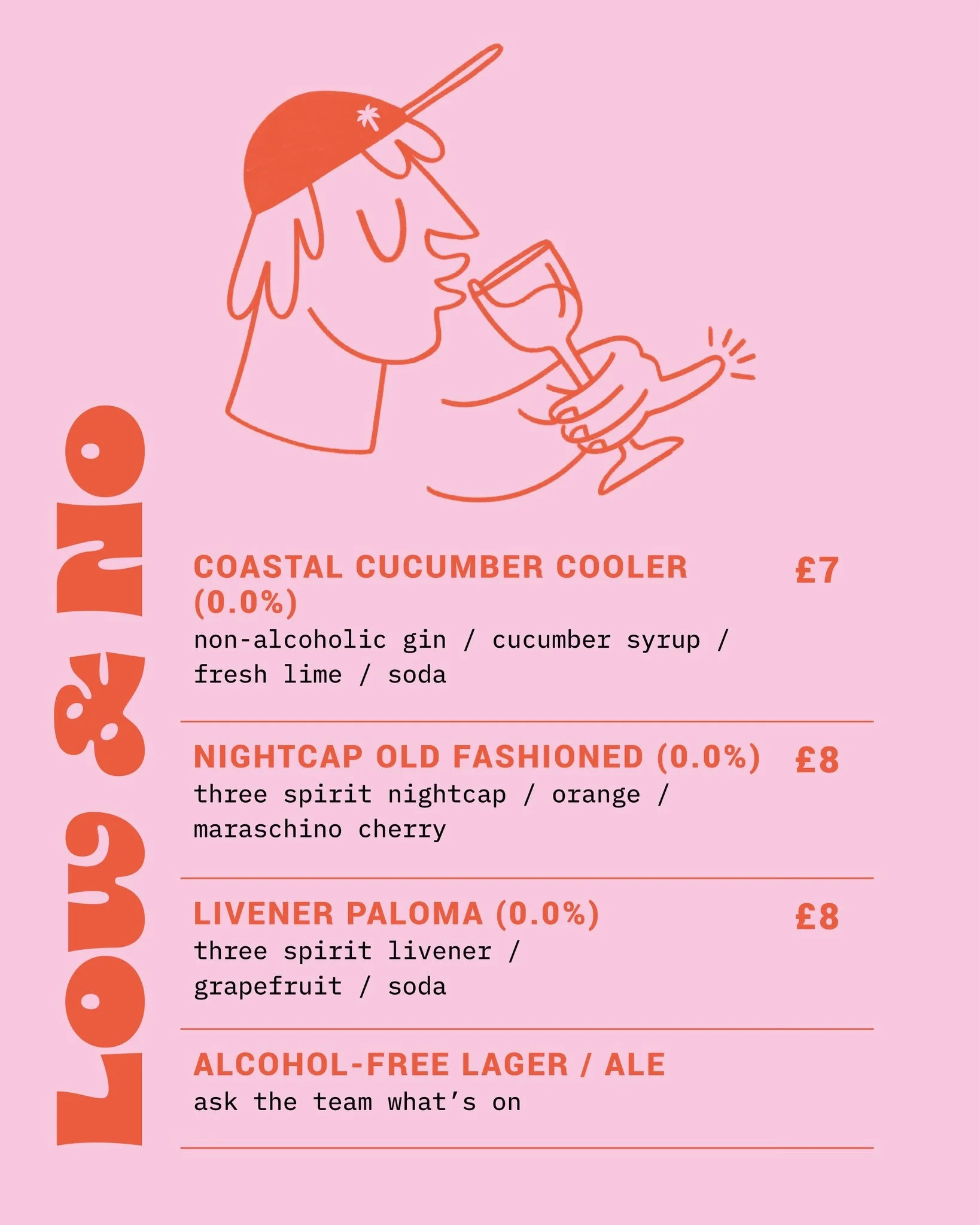 A pink menu featuring illustrations of a person wearing a chef's hat, holding a wine glass, and a smiling face. Sections include coastal cucumber cooler, nightcap old fashioned, and liverer paloma, with prices listed.