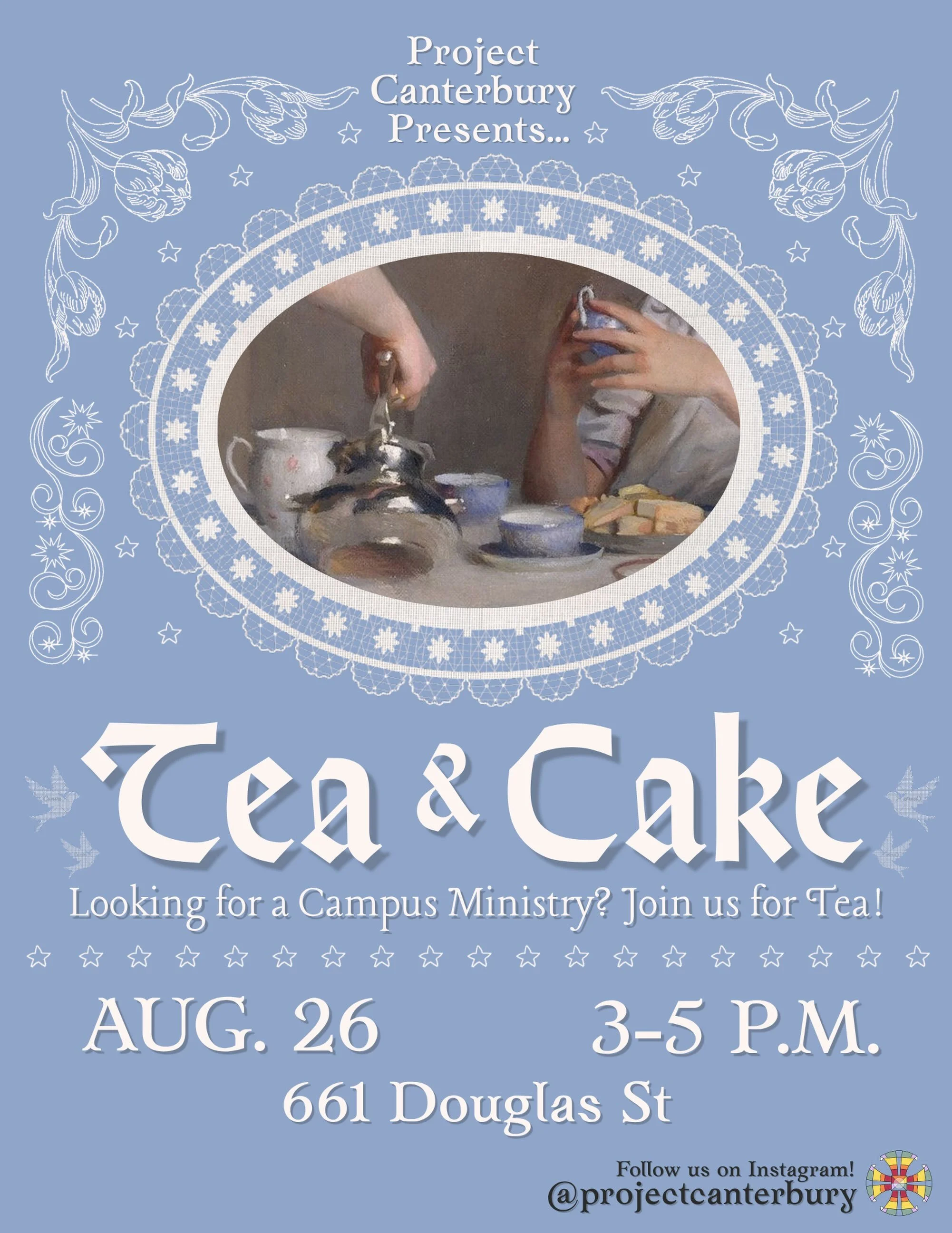 Looking for an affirming, Christian college ministry? Join us for tea tomorrow! Feel free to stop by anytime from 3 to 5 for tea, cake, and conversations about Project Canterbury and our great fall semester events. For more information, direct messag