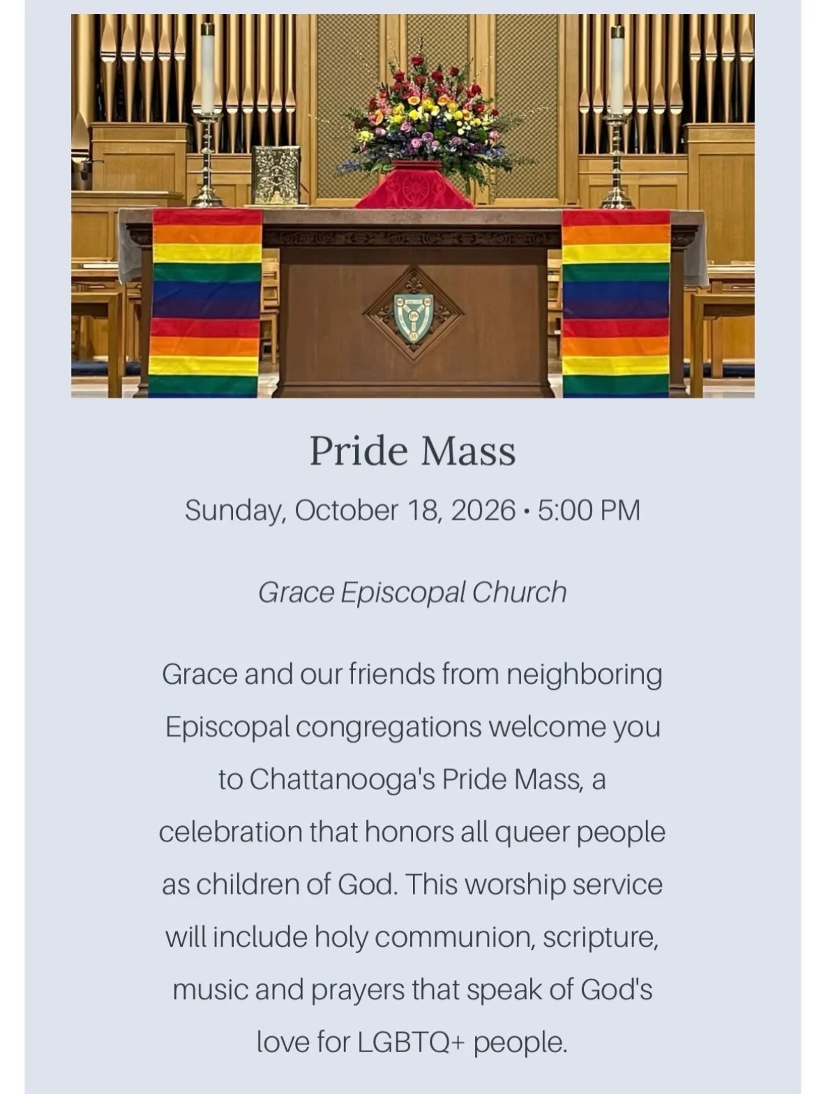 For Project Canterbury tomorrow we are going to Grace Episcopal&rsquo;s pride mass! We are meeting at the Project Canterbury building at 4:30 to carpool over to Grace. Afterwords we will head back to PC and enjoy pizza and regular activities!