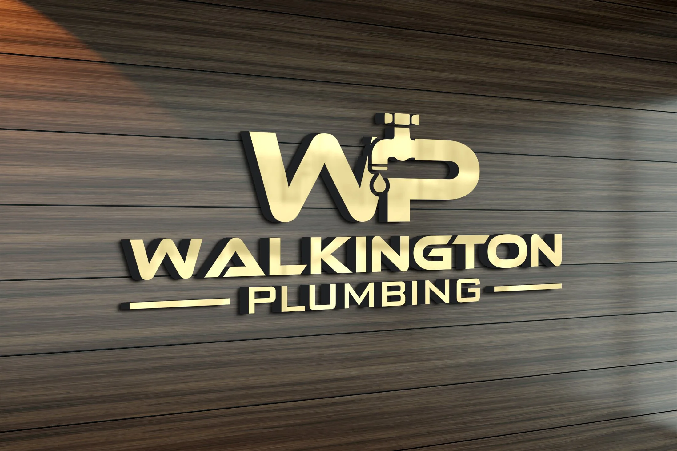 Sign for Washington Plumbing with a faucet icon, mounted on wooden wall.