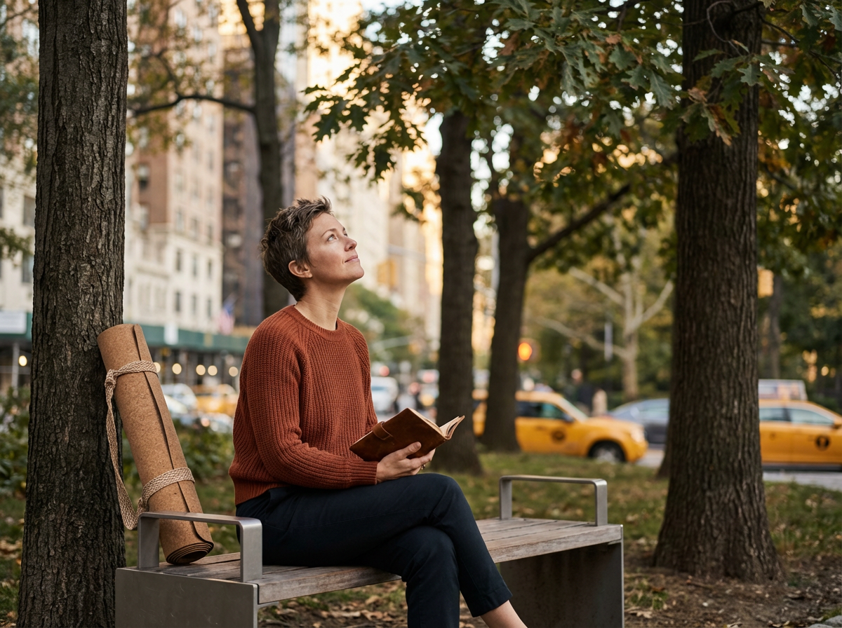 A woman sitting on a park bench holding a book, looking up at the trees during sunset, with city buildings and yellow taxis in the background.