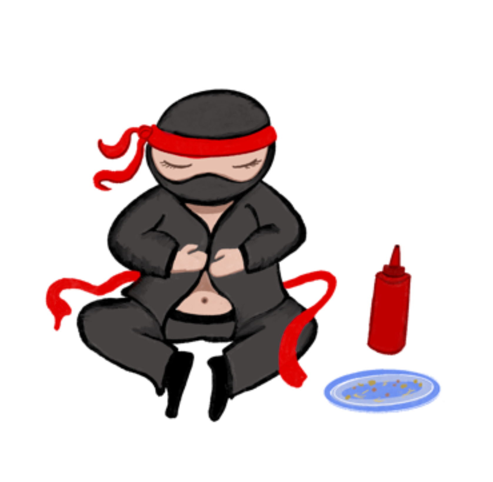 A full-bellied ninja sitting beside an empty plate and bottle of ketchup from the Let’s Read Oren children’s book series, illustrated by Jamie Lynn Mahoney.