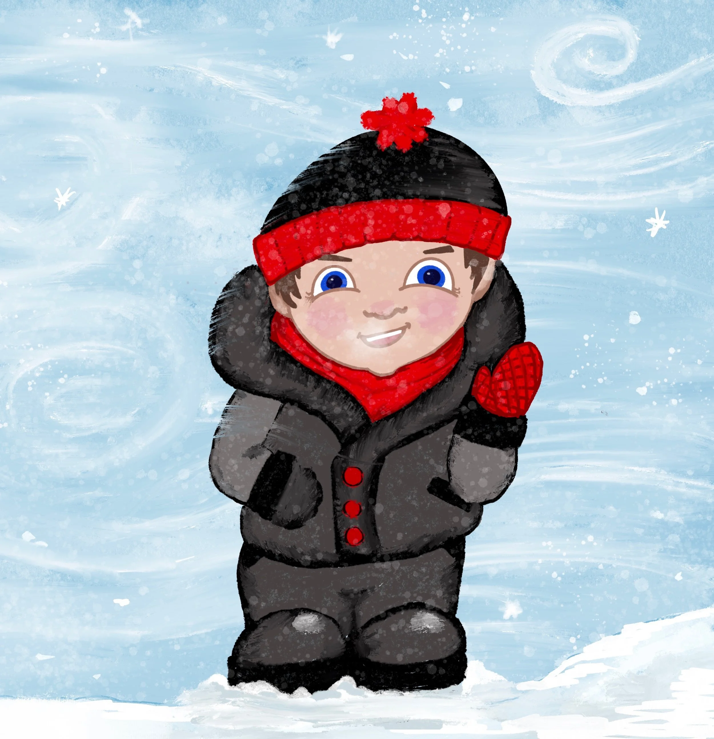 Oren bundled in his winter coat, hat, and scarf on a snowy day in Oren and the Cold, COLD Day, illustrated by Jamie Lynn Mahoney.