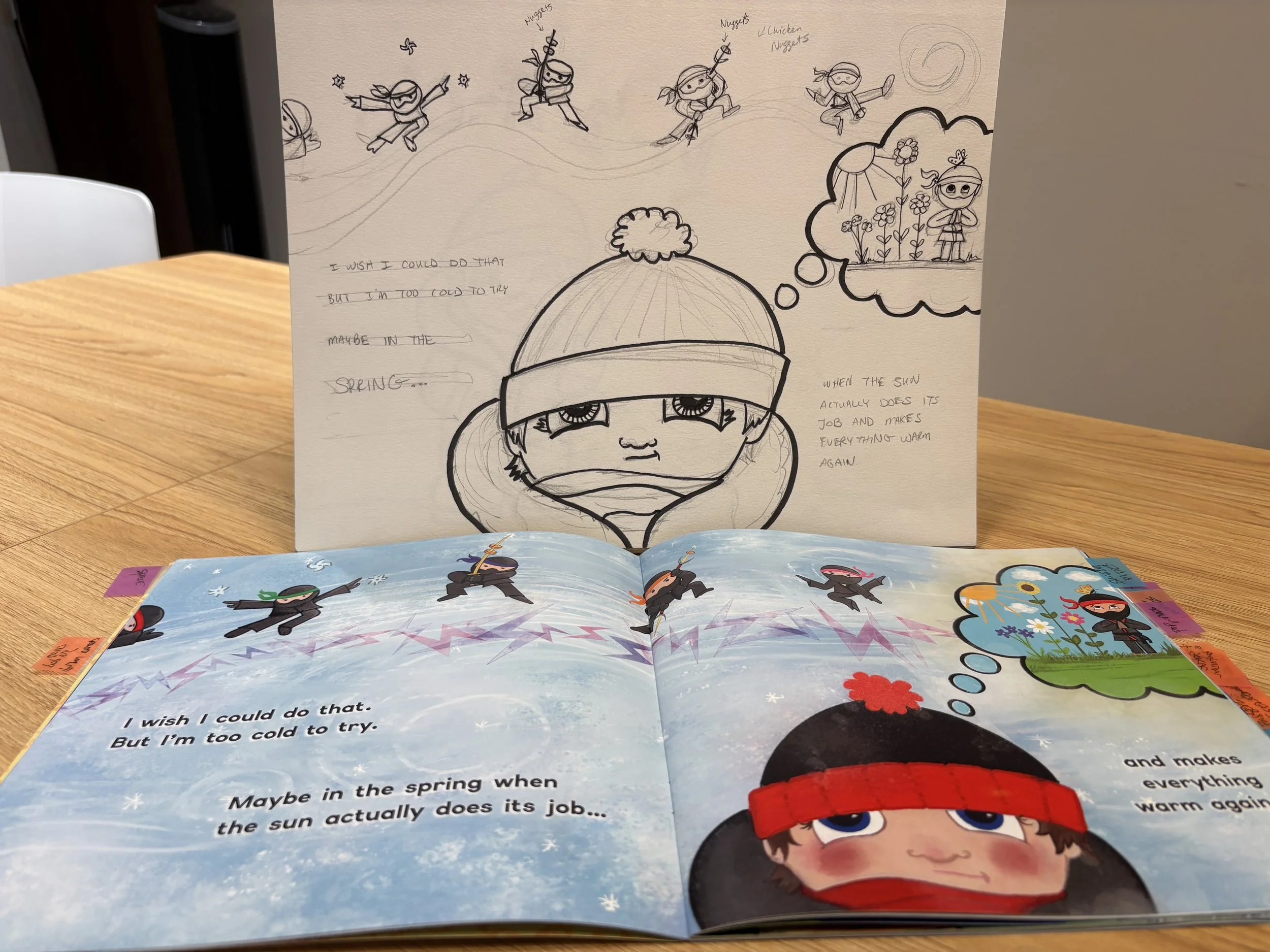 Oren illustration alongside Jamie Lynn Mahoney’s original hand-drawn sketchbook artwork for the Let’s Read Oren children’s book series.
