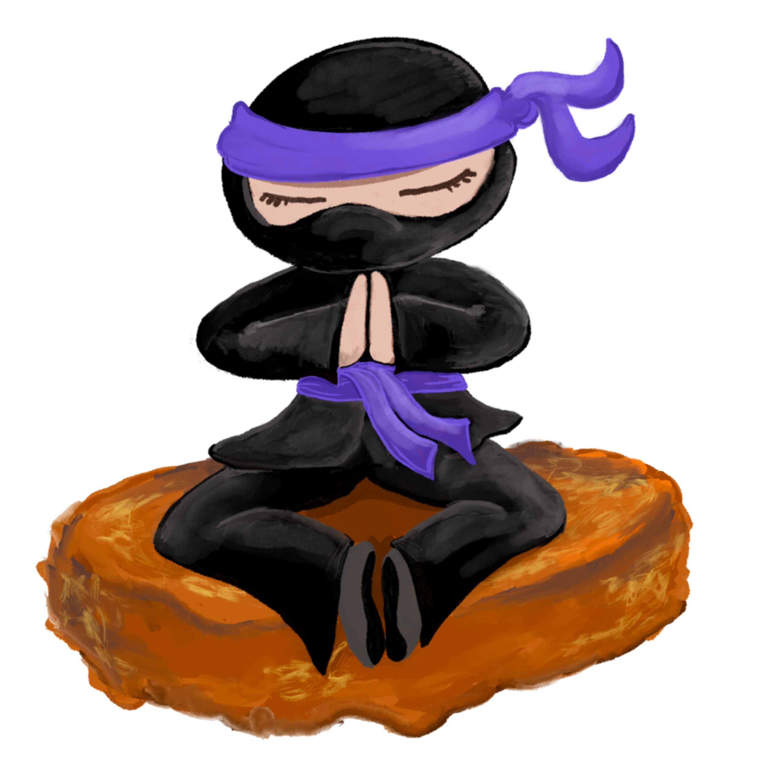 A cartoon ninja with closed eyes, black hair, dressed in black with a purple headband and sash, standing on a round wooden platform.