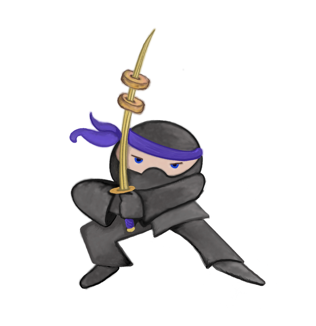 Cartoon ninja wearing black outfit and purple headband holding a sword in a crouching pose.