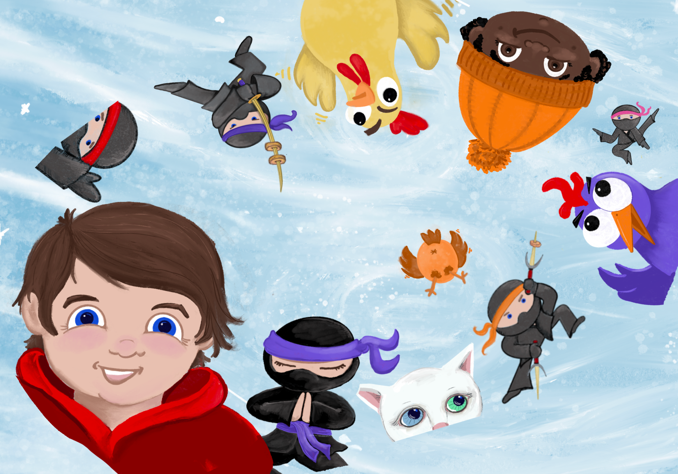 Oren and friends flying through the sky in a whimsical illustration from the Let’s Read Oren children’s book series by Alivia Tagliaferri, illustrated by Jamie Lynn Mahoney.