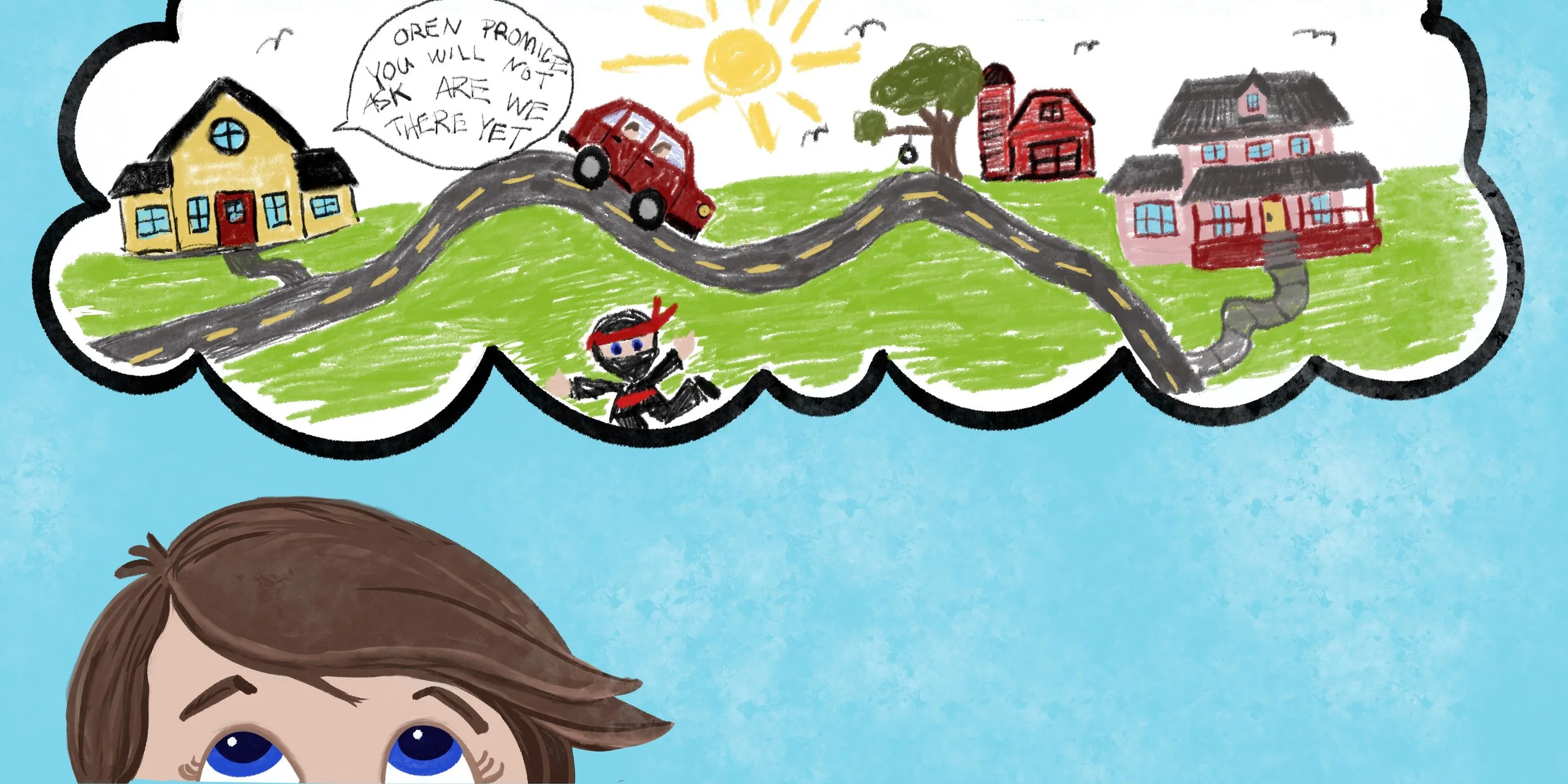 Illustrated spread from Oren and the Long, LONG Ride, with Oren on a road trip to Grandma’s house, silently wondering, “Are we there yet?” after Dad warned him not to ask. Illustrated by Jamie Lynn Mahoney.