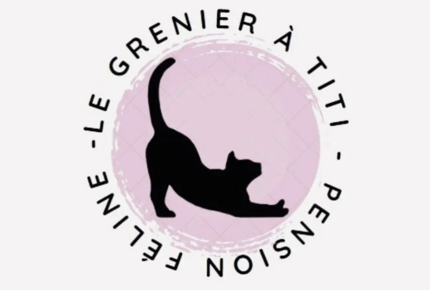 Logo avec silhouette d'un chat faisant un étirement, entouré du texte "Le Grenier à Titi - Pension Feline" sur fond blanc avec cercle rose derrière le chat.
