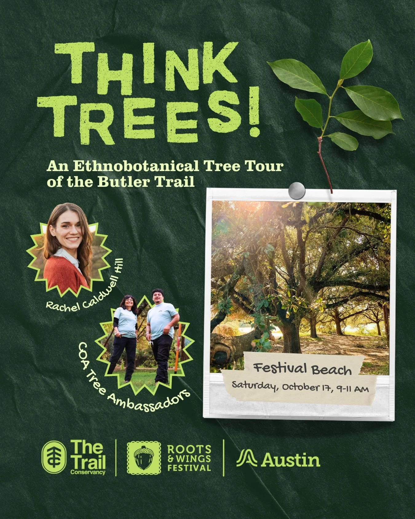 Think Trees! 🌳

Join us to explore more about the native and noteworthy trees and woody plants that live on and support the banks of Lady Bird Lake. 

On this guided walk, CTCT presenters Rachel &amp; Tree Ambassadors from Austin Climate Action and 