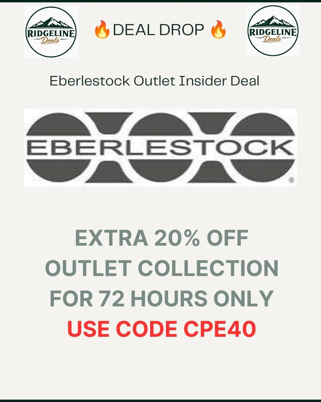 Eberlestock 72 Hour Secret Sale. Head over to their website and navigate to their Outlet page.  Don't miss this opportunity for amazing savings. #RidgelineDeals #HuntingGear #GearDeals