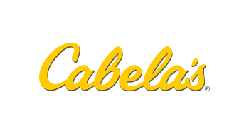 Cabela's logo in yellow cursive text on a white background.