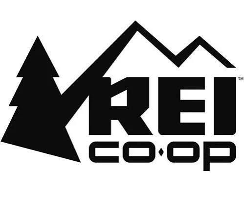 Logo of REI Co-op featuring a stylized mountain and tree design.