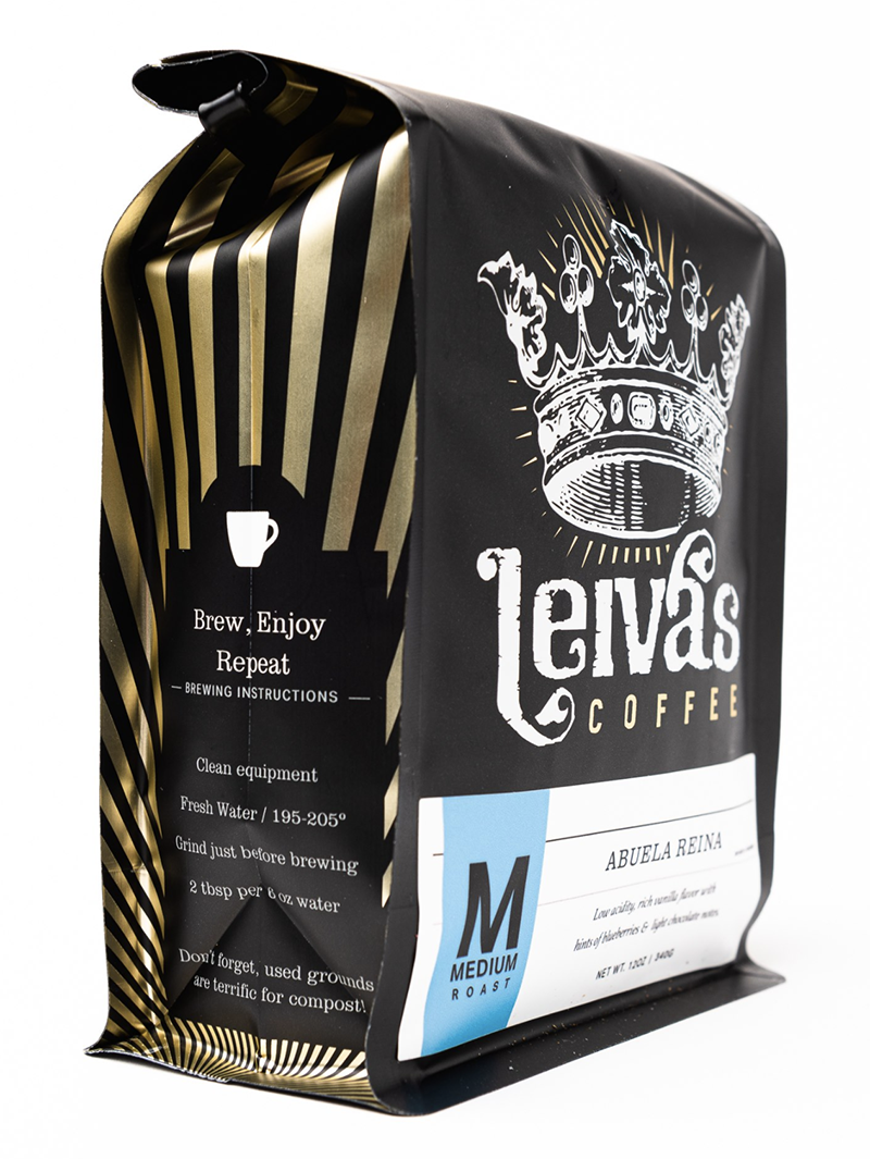 Bag of Lavazza coffee with brewing instructions, roast level medium, and flavor notes of almonds and caramel.