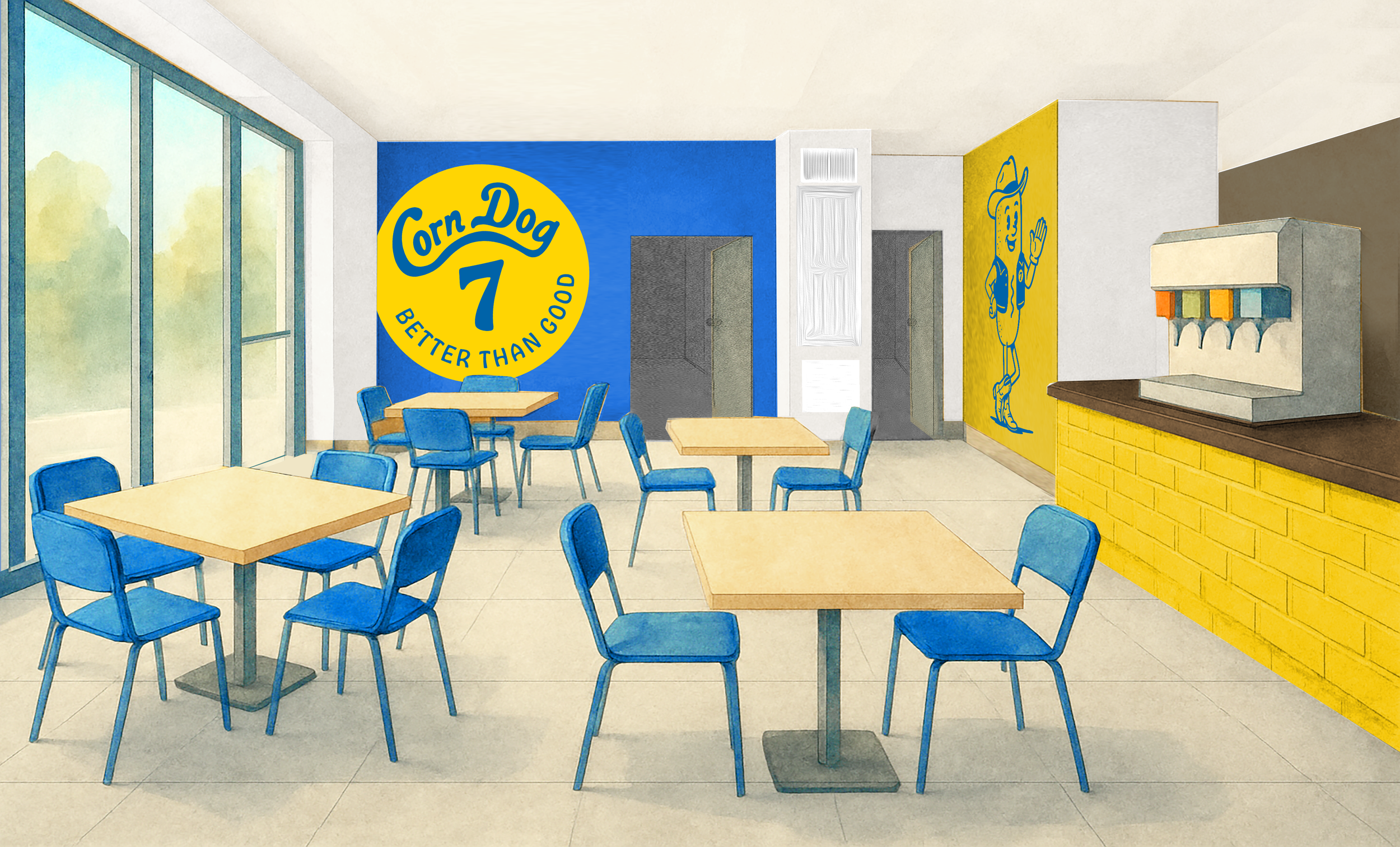 Empty fast-food restaurant with blue chairs, yellow and blue walls, large windows, and a soda fountain machine.