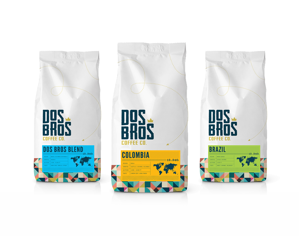 Three white bags of coffee beans with colorful labels from Dos Bros Coffee Co., each representing a different blend: Dos Bros Blend, Colombia, and Brazil, with country maps and colorful geometric patterns at the bottom.