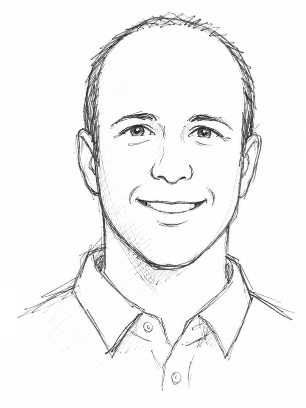 Line drawing of a smiling man with short hair wearing a collared shirt.