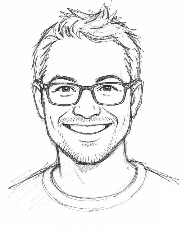 Sketch of a smiling man with glasses, short spiky hair, and facial hair, wearing a casual shirt.