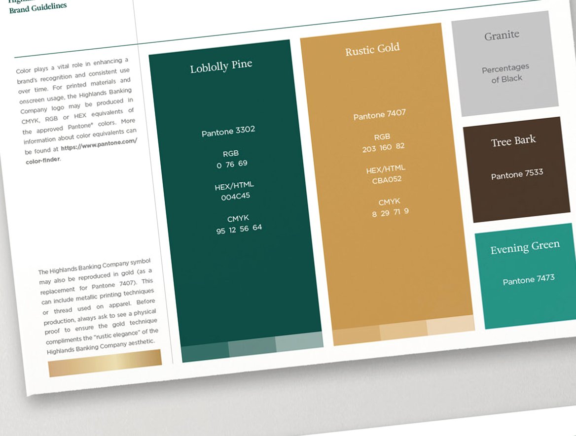 A color palette chart featuring six color swatches with associated color names, Pantone numbers, and color specifications in RGB, HEX/HTML, and CMYK formats. The colors include Lobolly Pine, Rustic Gold, Granite, Tree Bark, Evening Green, and an unla