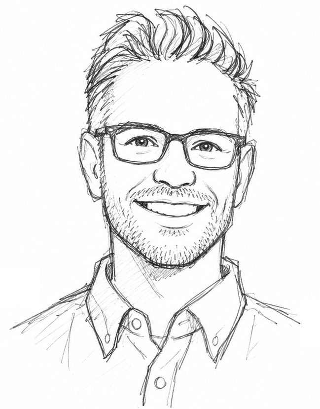 Line drawing of a smiling man with glasses, short hair, and a beard, wearing a collared shirt.