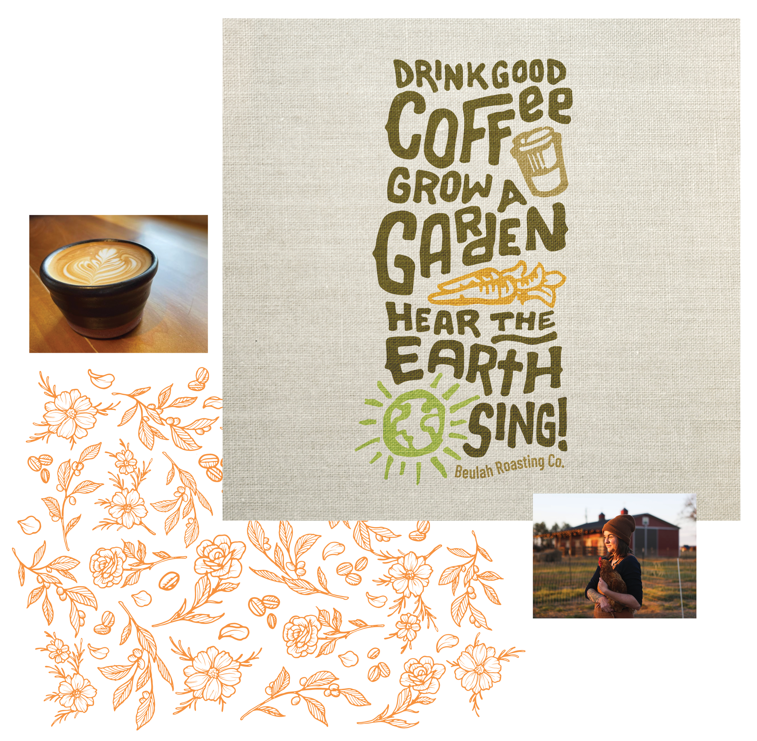 A beige canvas with green and orange text and graphics promoting coffee and eggs. The text reads 'Drunk Good Coffee, Grow a Chicken, Hear the Bird, Eggciting!'